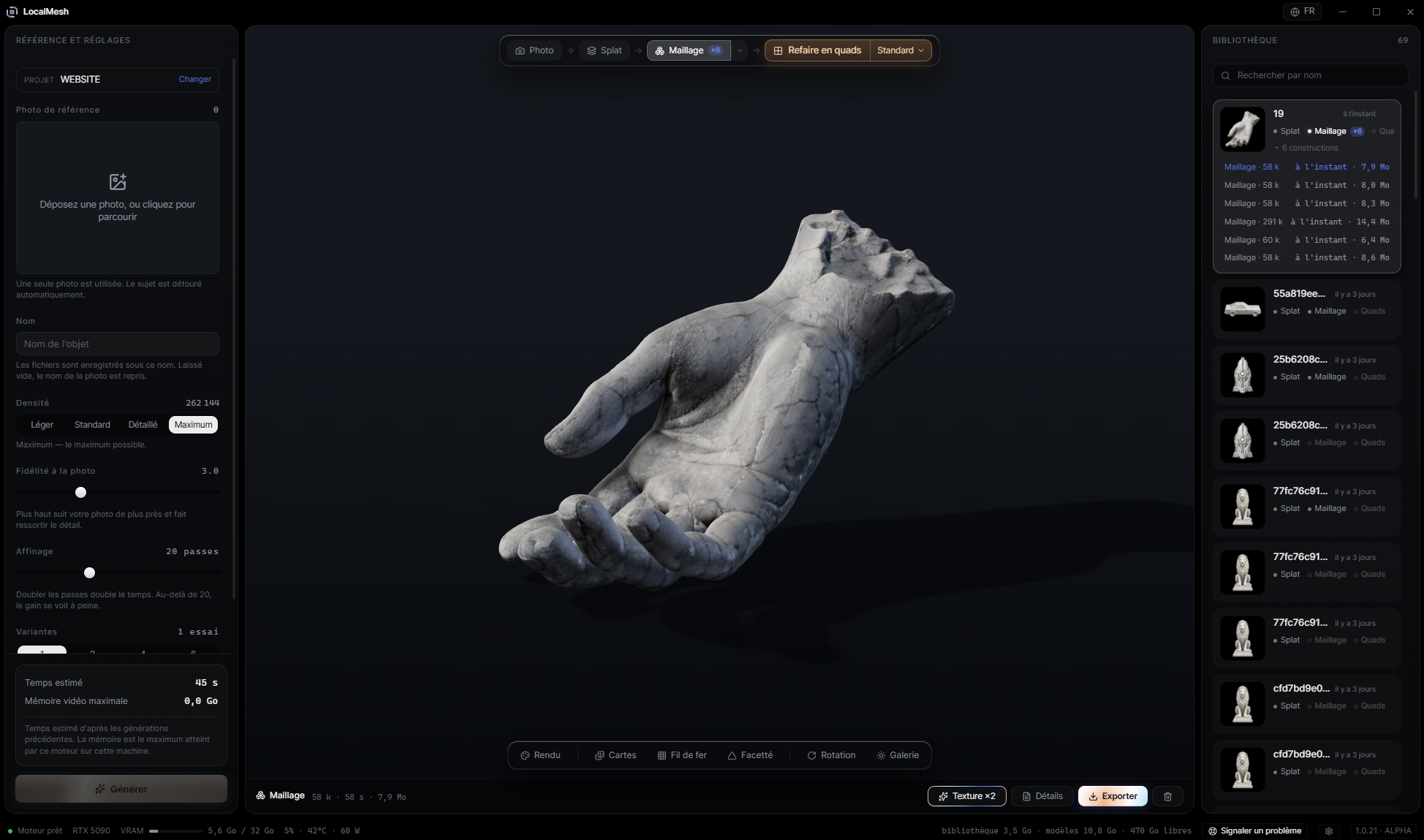 LocalMesh app, a marble hand reconstructed from a single reference photo, with generation settings on the left and the local library of meshes on the right