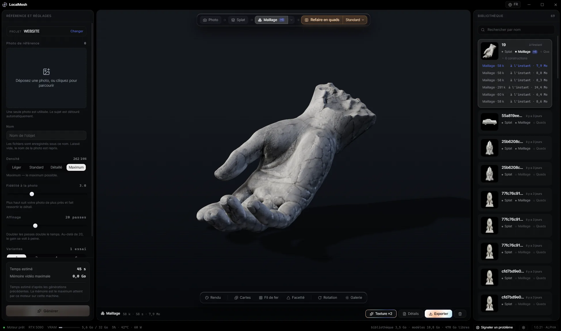 LocalMesh app, a marble hand reconstructed from a single reference photo, with generation settings on the left and the local library of meshes on the right