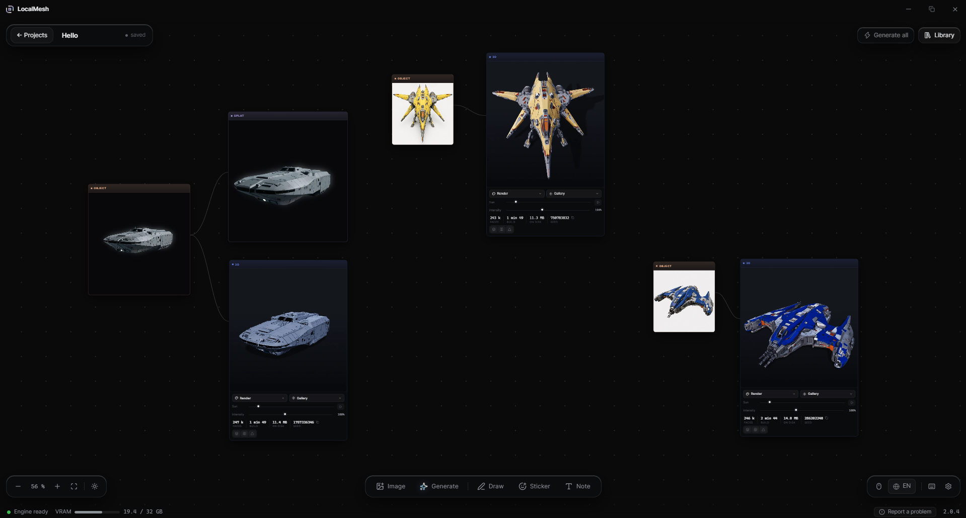 Several chains side by side on the board: a spacecraft extracted on its own, branching into a gaussian splat and a textured mesh, with two more ships taking the same course