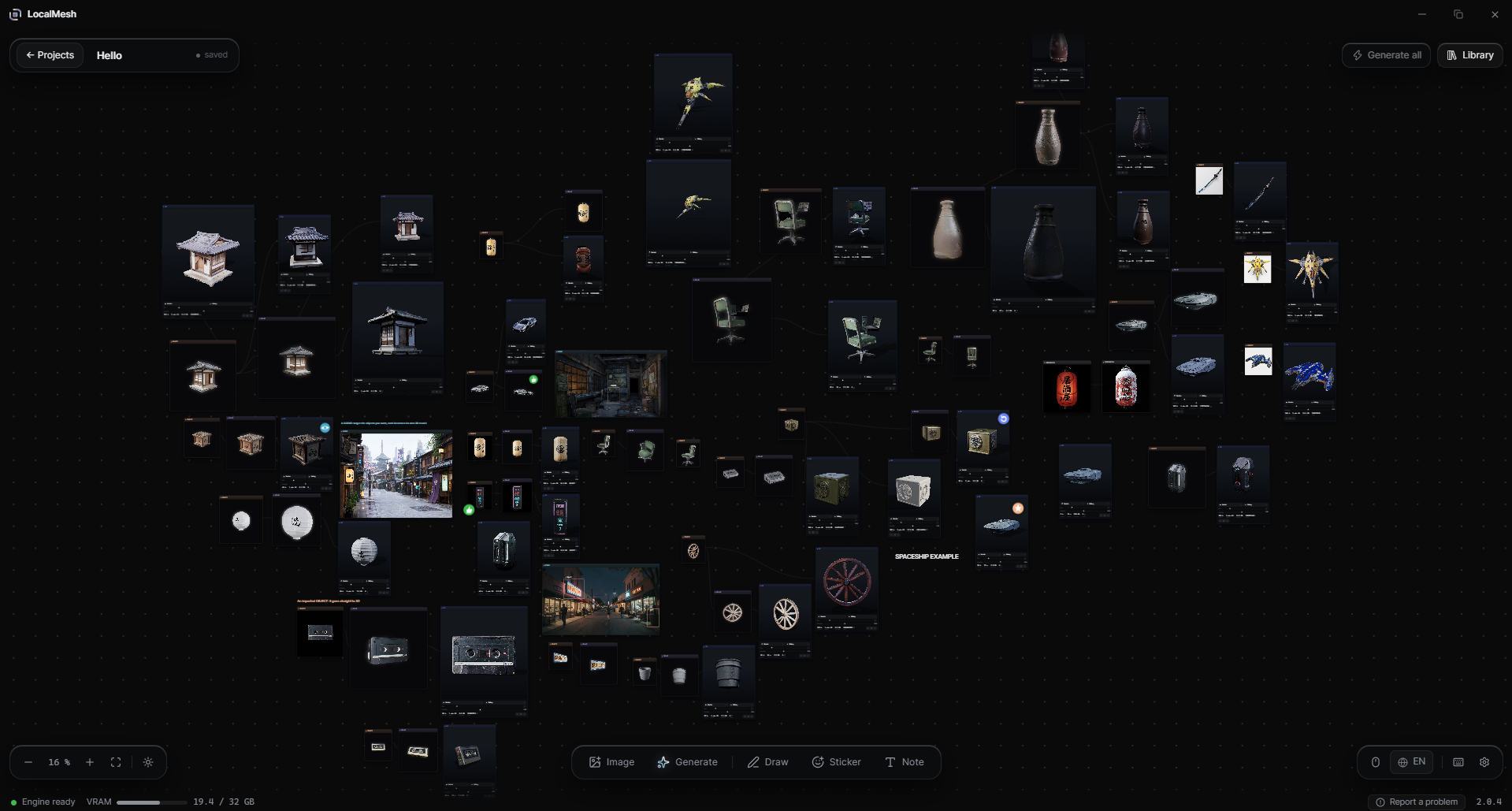 A full LocalMesh board zoomed out: dozens of references, objects, splats and meshes laid side by side across one project