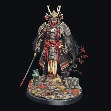 Malla de una figura de samurái sobre una base redonda, generada a partir de cuatro fotos