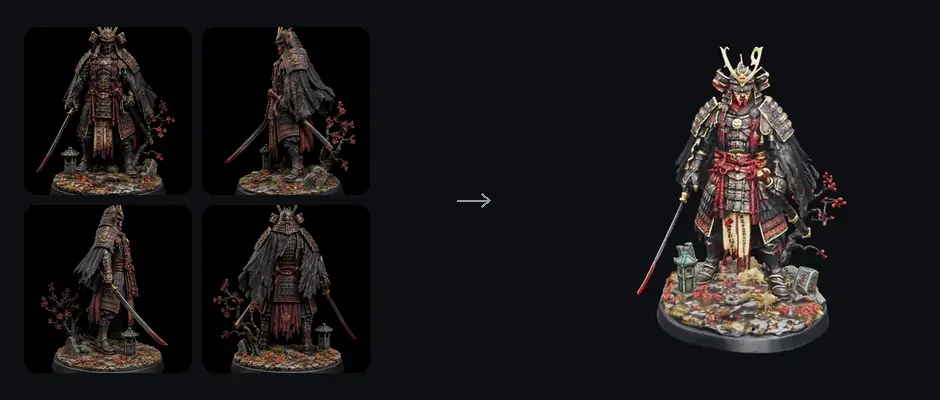 Four photographs of a samurai figurine on the left, and on the right the textured 3D object they produced, turning on itself