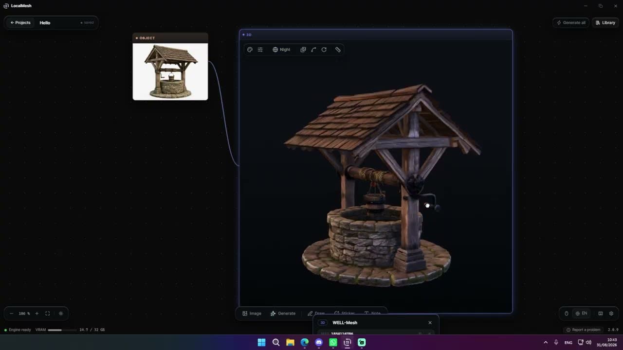 A frame from the LocalMesh demo: a stone well extracted from a reference image and rebuilt as a textured 3D mesh inside the app